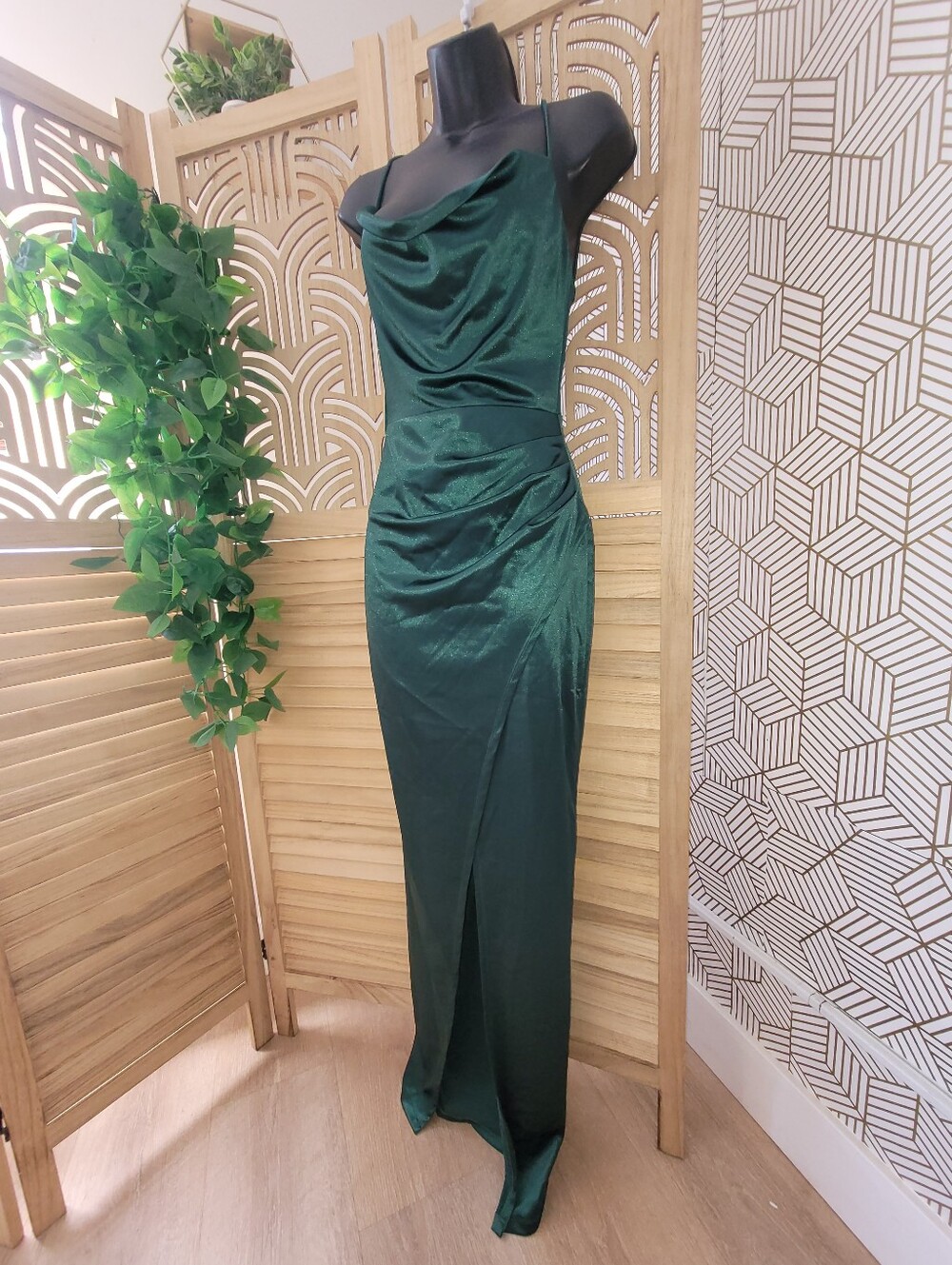 Emerald Green Satin Cowl Neck Dress